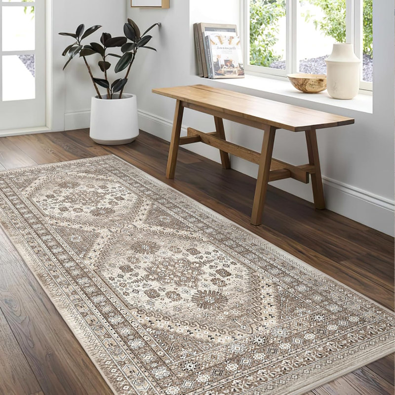 Medallion Non Slip Washable Rug(Brown), Runner 3' x 8'