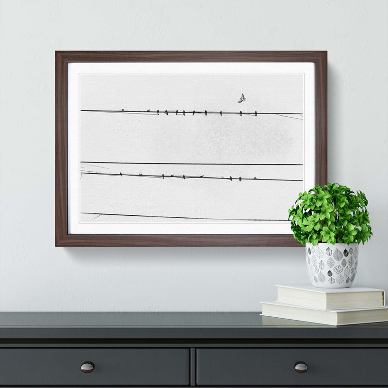 Birds on a Wire in Abstract - Picture Frame Graphic Art Print, 48cm H x 65cm W x 2cm D, Walnut Framed