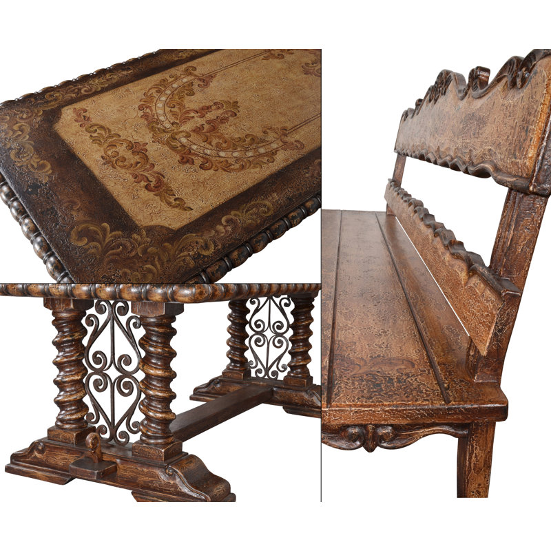 Belruse Spanish-Influenced Mahogany Dining Table Set with Benches