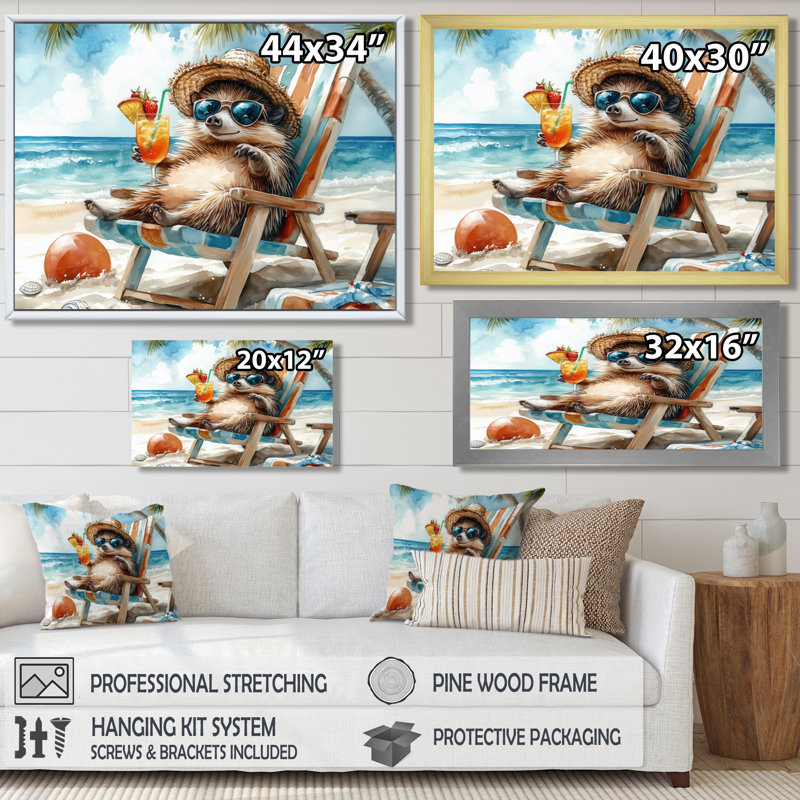 Hérisson sur la plage - Art mural animaux côtiers, H 34 po x l 44 po x P 1,5 po, Toile encadrée blanche avec une seule photo