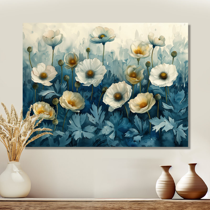 Blanc, bleu, jardin, fête, coquelicots - coquelicots, art mural, Toile tendue, H 12 po x l 20 po x P 1 po