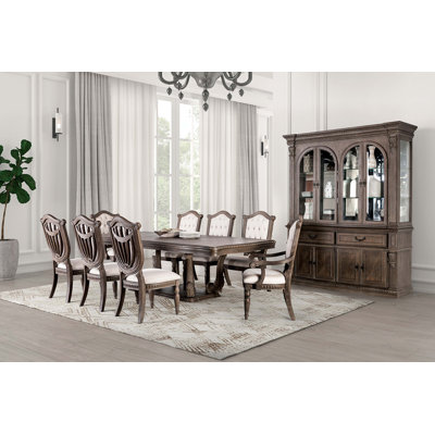Vintage Luxury Dining Room Furniture 9Pc Set Dining Table 6X Side Chairs 2X Arm Chairs Tufted Back Chair Pedestal Base Table
