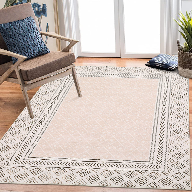 Area RugModern Bordered Accent Rug for BedroomWashable Living Room RugHome Decor CarpetNon Shedding Kitchen Rug, Beige