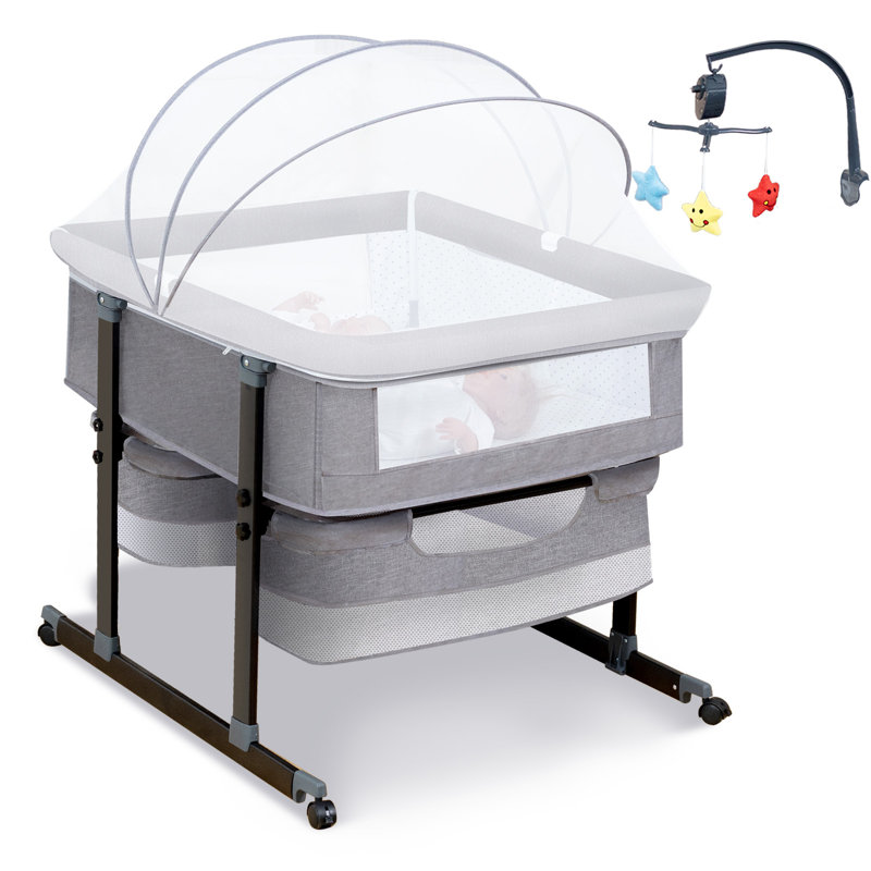 Twin Bassinet For 2 Babies, Double Bassinet For Twins With Music Toys, Mosquito Net & Storage Basket Portable Foldable Bedside Sleeper For Newborns, Grey