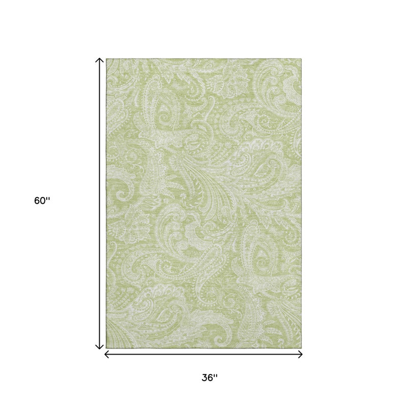 3' X 5' Artichoke Green And Ivory Paisley Washable Area Rug With UV Protection
