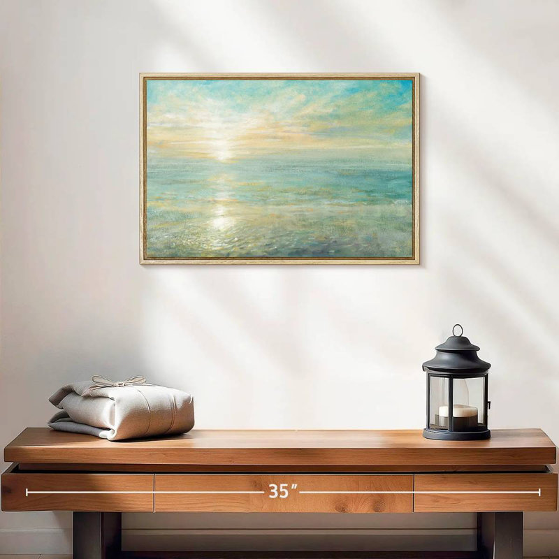 Lever de soleil, 19 po x 13 po, Cadre flottant en bois naturel