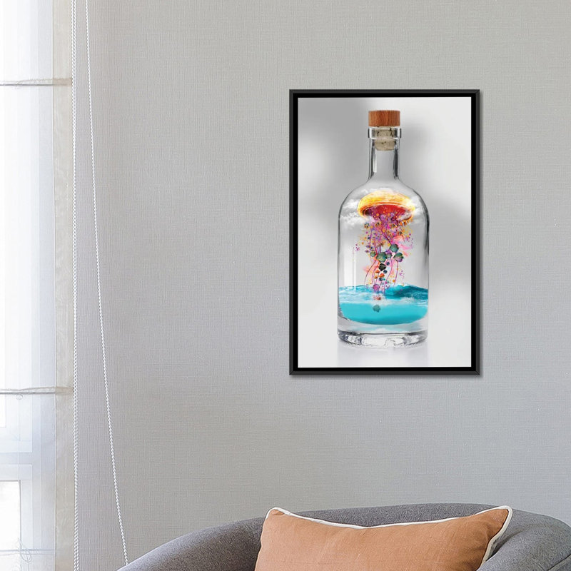 " Electric Jellyfish In A Bottle " by David Loblaw, 26" H x 18" W x 1.5" D, Black Framed Canvas