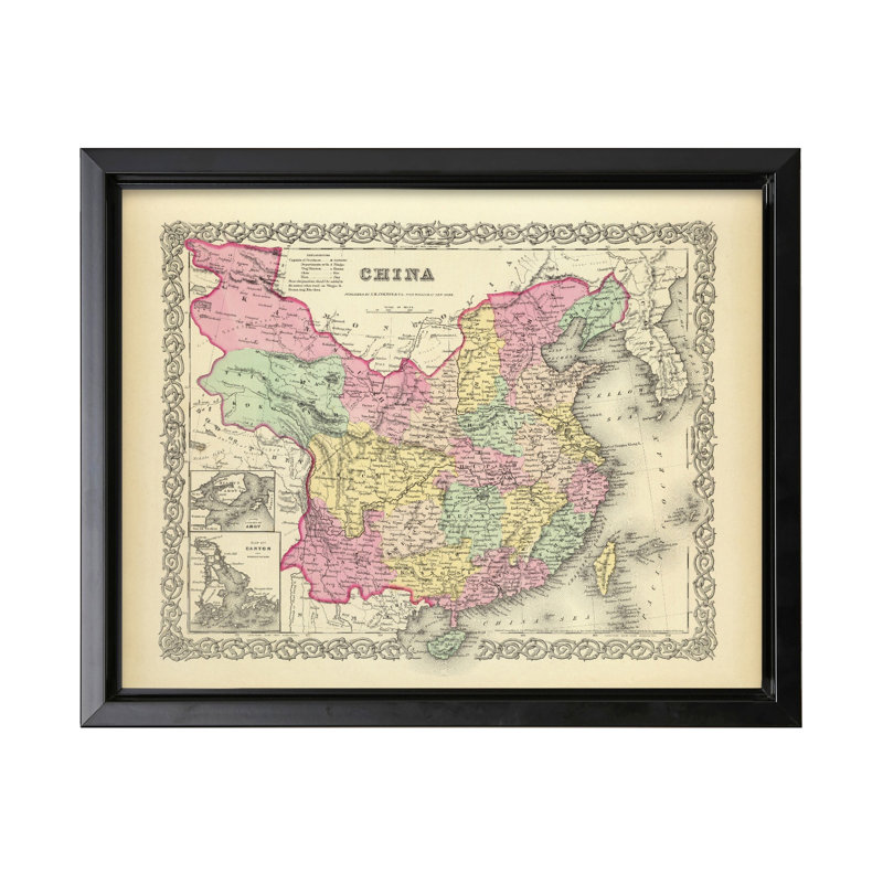 Carte de la Chine, Cadre noir, Canevas, H 11 po x l 14 po