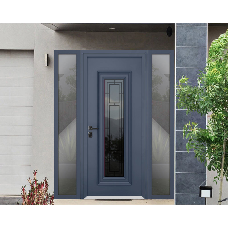Façade avant en acier pré-suspendue / gris graphite Ballucio 6044/2 fenêtres extérieures latérales / inserts en acier inoxydable simples peints modernes - l 16 + 36 + 16 po x H 80 po - droitier