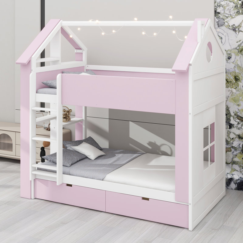 Lit maison peu encombrant avec rangement intégré et bande lumineuse, Blanc + rose
