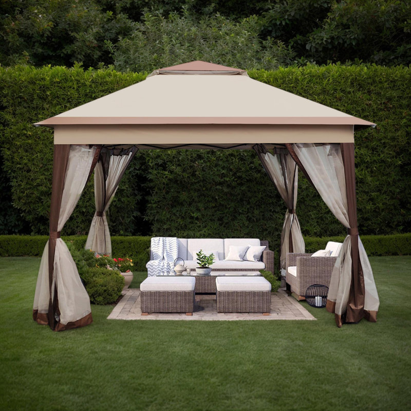 11x11 ft Brown Metal Patio Gazebo with Netting and 2-Tier Roof