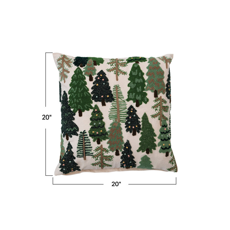 Coussin carré en coton flammé brodé avec des arbres et des nœuds français