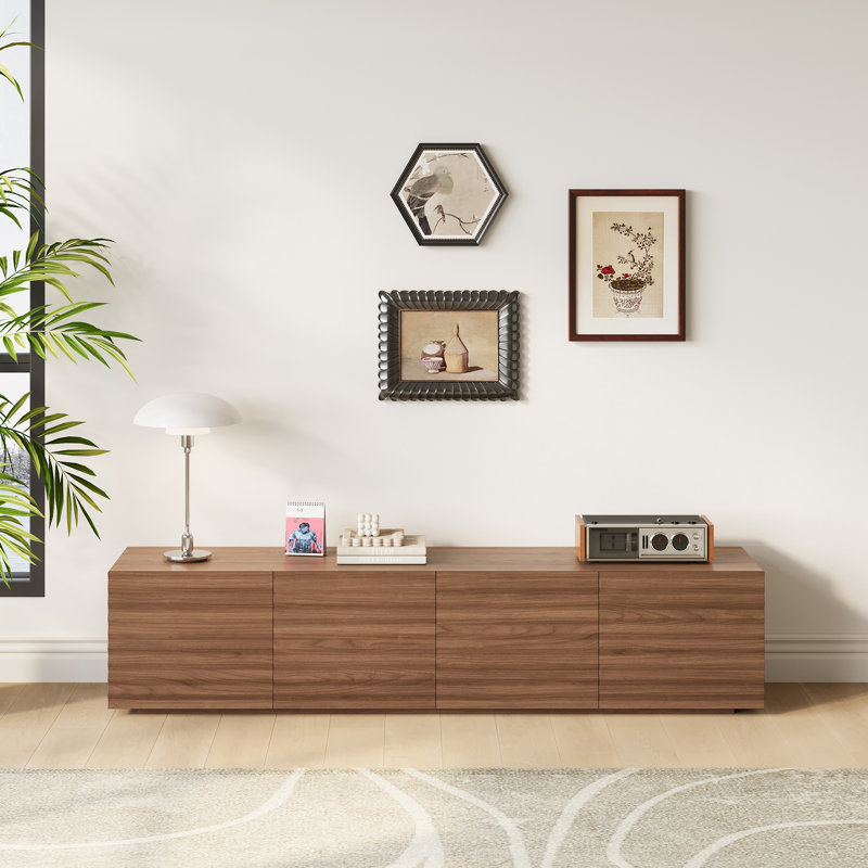 Meuble télé 75 po avec 4 tiroirs, console multimédia moderne à rayures, H 7,49 po x L 74,42 po x l 17,33 po
