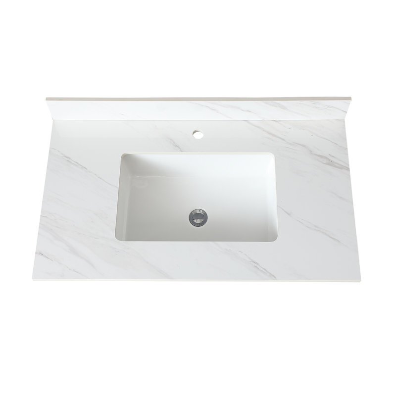 Comptoir de meuble-lavabo en pierre frittée blanche de 37 pouces avec dosseret et trou de 4 po - Pierre, lavabo rectangulaire, trou de robinet pré-percé,