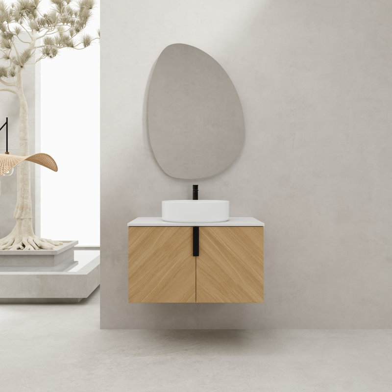 Meuble-lavabo mural écologique en contreplaqué pour salle de bain moderne avec lavabo en céramique