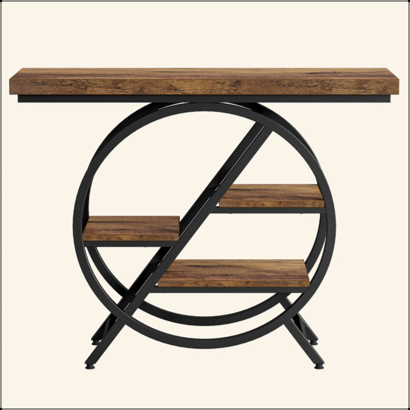 Industrial 4-Tier Entryway Console Table With Geometric Circle Metal Frame & Storage Shelves - Accent Sofa Table For Living Room & Hallway