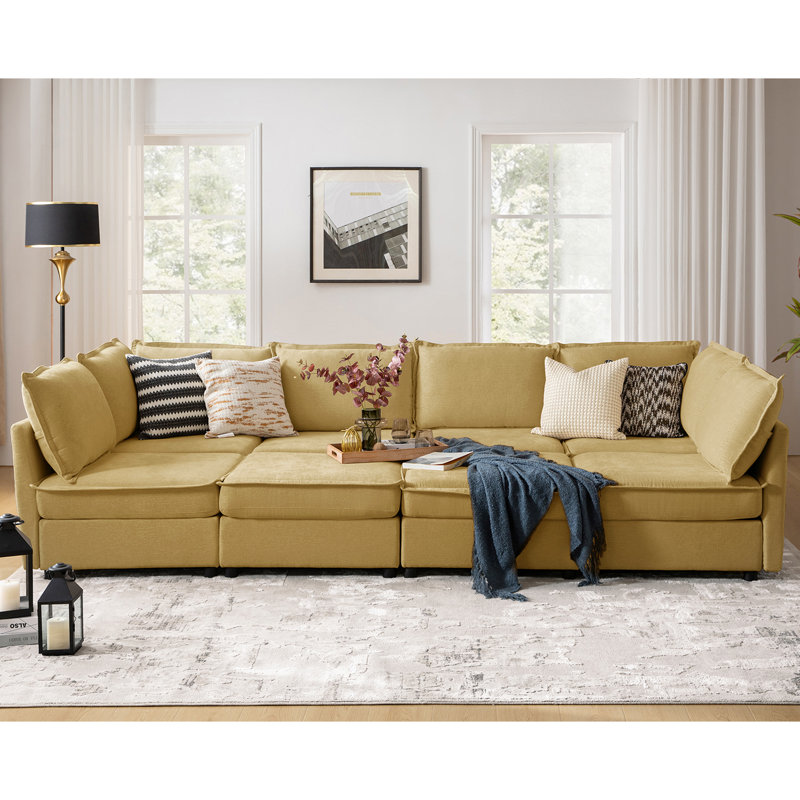 Cheltenham 127"W Modern 8-Piece Extra-Wide Storage Sectional Sofa with Ottoman, Caramel Polyester