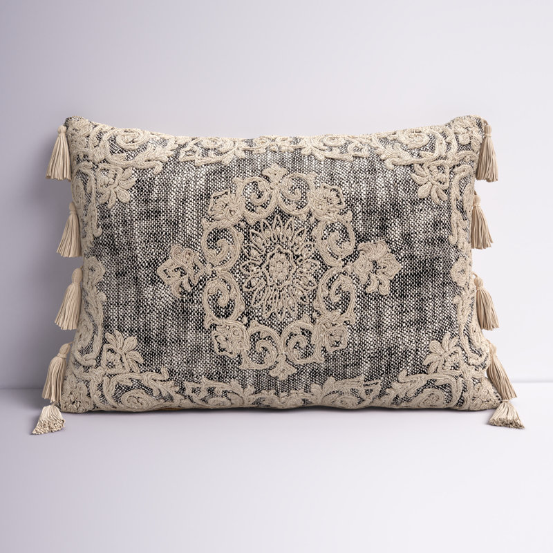 Gray and Beige Embroidered Rectangular Lumbar Pillow
