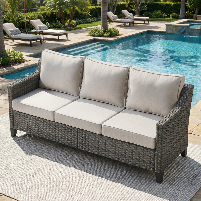 Arlene All-Weather Outdoor Patio Wicker Sofa With Thick Cushion, Beige