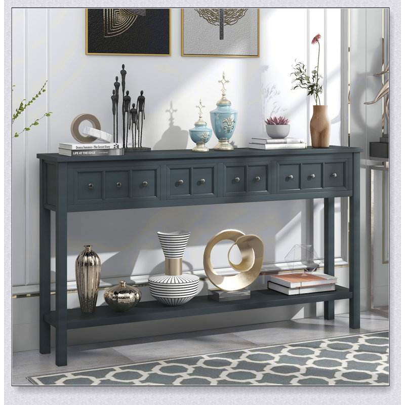 Console rustique avec deux tiroirs de tailles différentes et une tablette inférieure pour le rangement, parfaite pour une décoration intérieure élégante et fonctionnelle