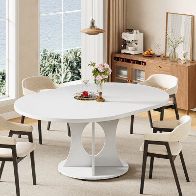 59 Inch Extendable Round Dining Table For 6-8 People, Space Saving Wooden Kitchen And Dining Table