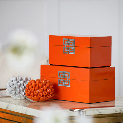 Set of 2 Decorative Wooden Storage Boxes, Orange Lacquer Finish with Silver Geometric Clasps