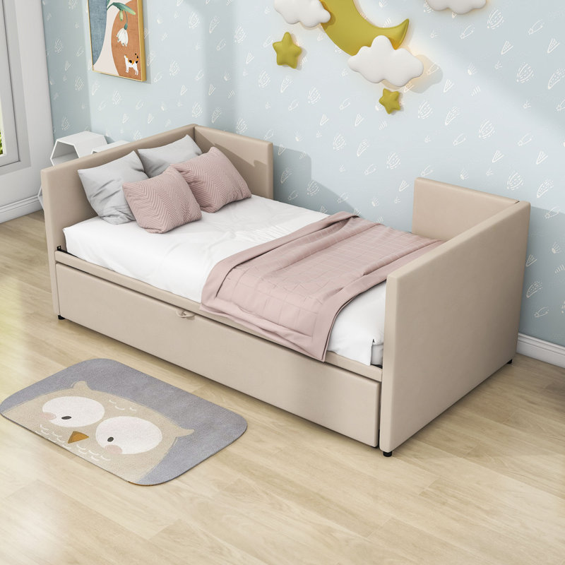 Twin Size Velvet Upholstered Daybed with Twin Size Trundle, Beige