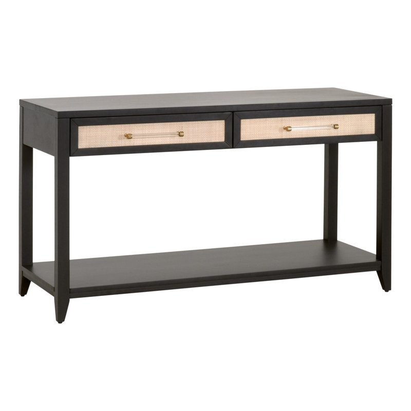 Brushed Black Acacia and Rattan Console Table with Storage