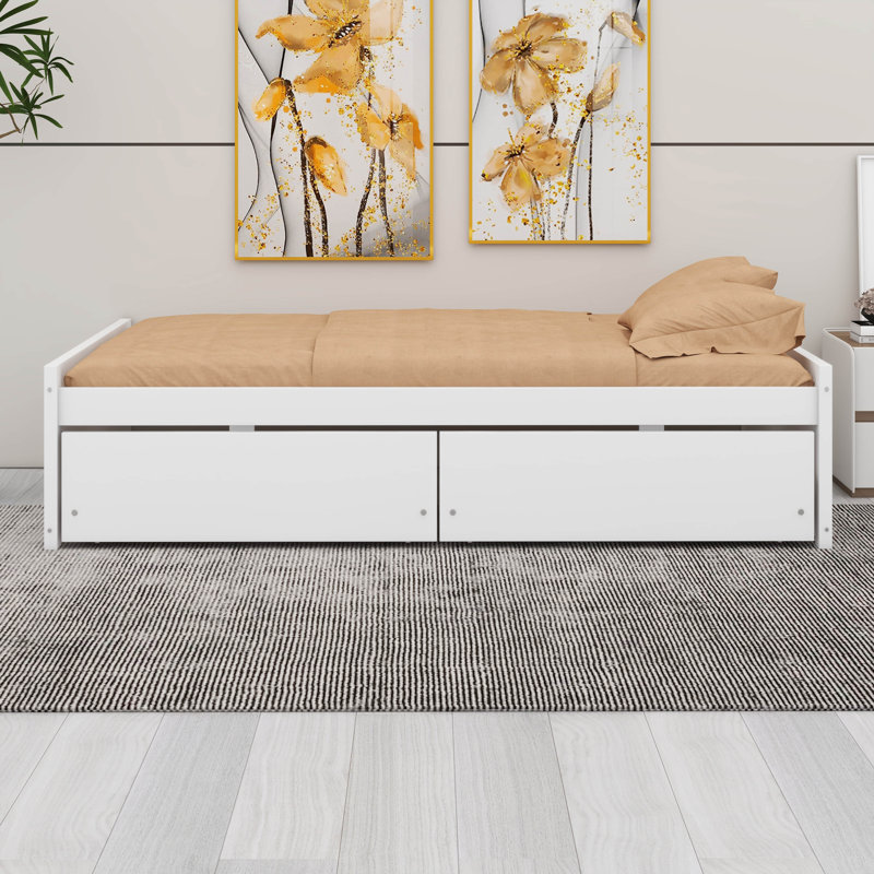 Cadre de lit simple avec 2 tiroirs de rangement, cadre de lit plateforme simple sans tête de lit, Blanc