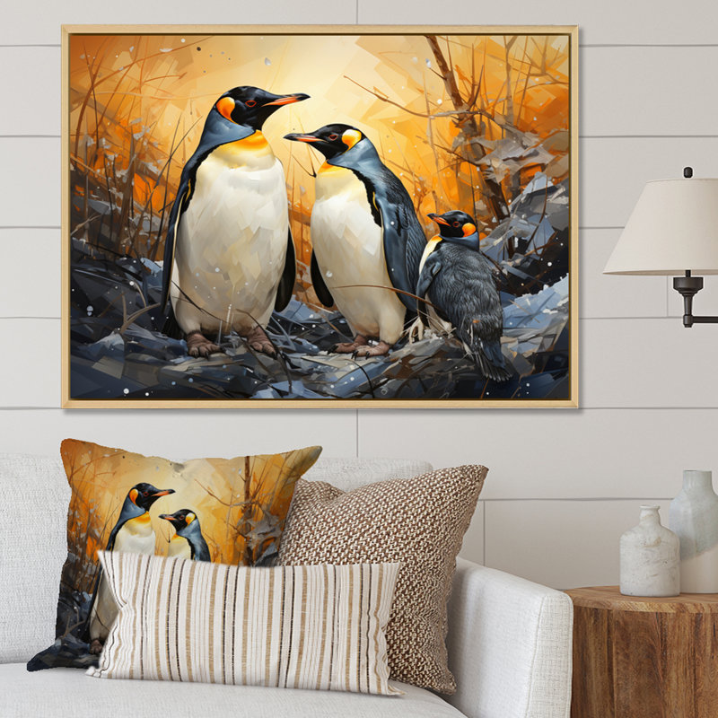 Multicolor Geometric Penguins Journey II - Animals Wall Art Living Room, Cadre naturel flottant, H 16 po x l 32 po x P 1 po