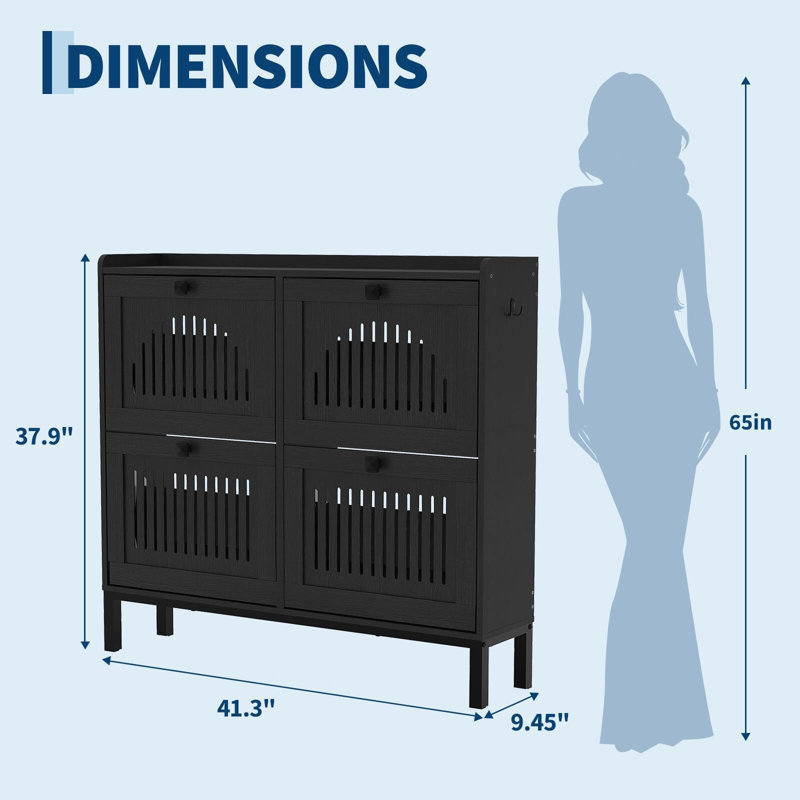 Slim 4-Door Flip Drawer Shoe Cabinet with Adjustable Shelves & Hooks, Space-Saving Entryway Organizer, Black