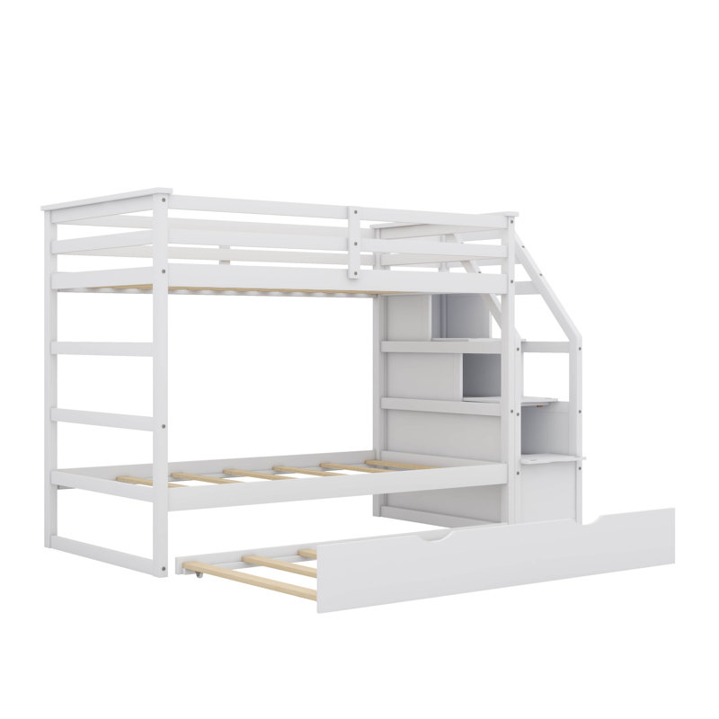 Lit superposé simple au-dessus d'un lit simple moderne avec lit gigogne et 3 escaliers de rangement, Blanc