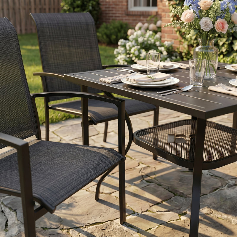 4-Person Square Patio Dining Set With Stackable Textilene Chairs, Black/Black