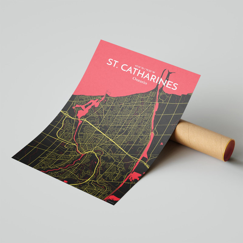 St. Catharines City Map, impression, H 17 po x l 11 po, Noir / rouge / jaune