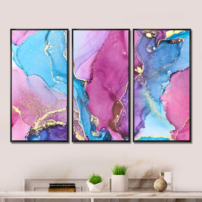 «Mauve et turquoise», art abstrait fluide de luxe IV - cadre flottant de 3 pièces, impression sur toile