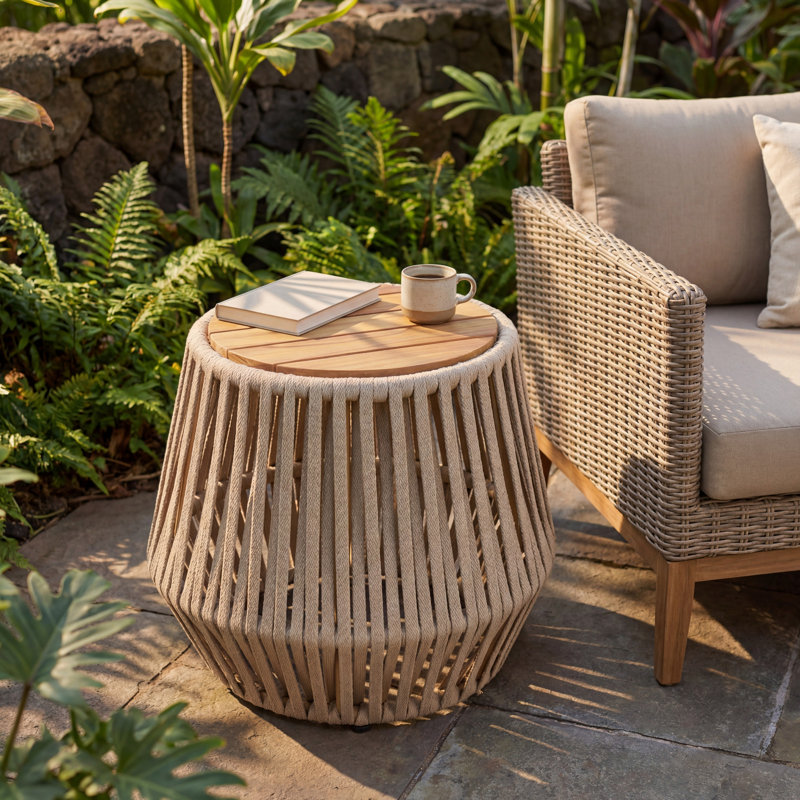Table d'appoint d'extérieur en bois d'acacia Maris Modern Coastal, Corde beige / finition teck clair