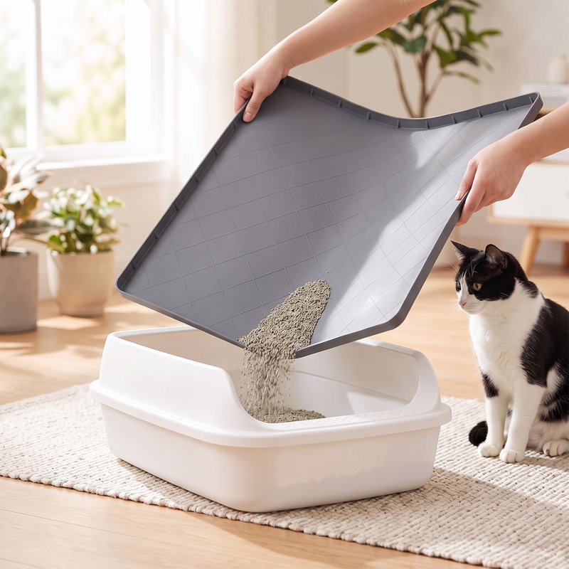 Tapis de litière extra large en silicone (81 x 79 cm), imperméable et anti-fuites, avec bords surélevés, facile à nettoyer, pour protéger le sol des bacs à litière, des zones d'alimentation et des chats, gris.