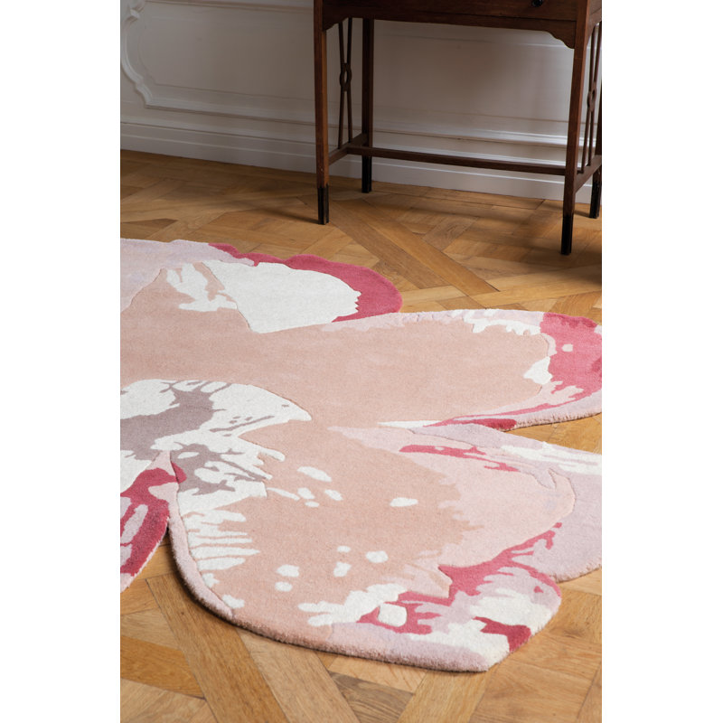 Handmade Pink and Beige Wool Floral Rug
