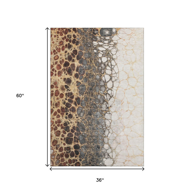 3' X 5' Ivory Gray And Gold Abstract Distressed Washable Area Rug With UV Protection