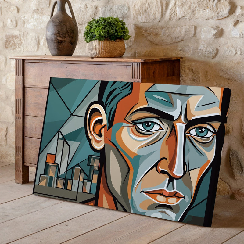 Toile, un frappant portrait cubiste d'un visage humain composé d'art mural formes géométriques angulaires et lignes audacieuses rendues dans une palette