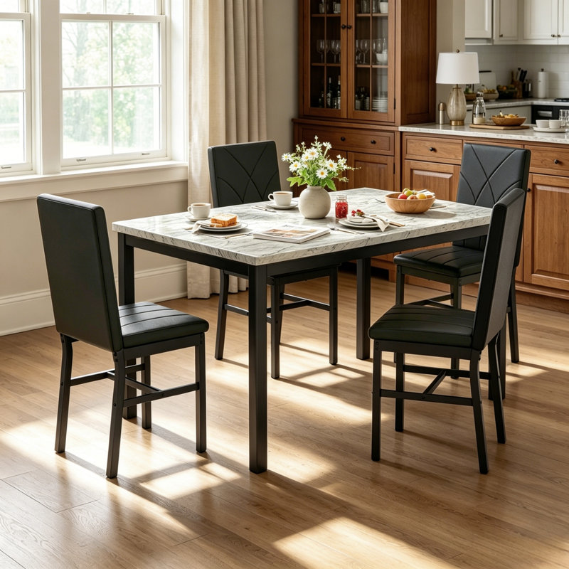 Ensemble de table de salle à manger 5 pièces pour 4 personnes, ensemble de table de cuisine et chaises en faux marbre, ensemble de 4, table de salle à manger rectangulaire avec 4 chaises de salle à manger rembourrées pour petit espace, salle à manger et salon