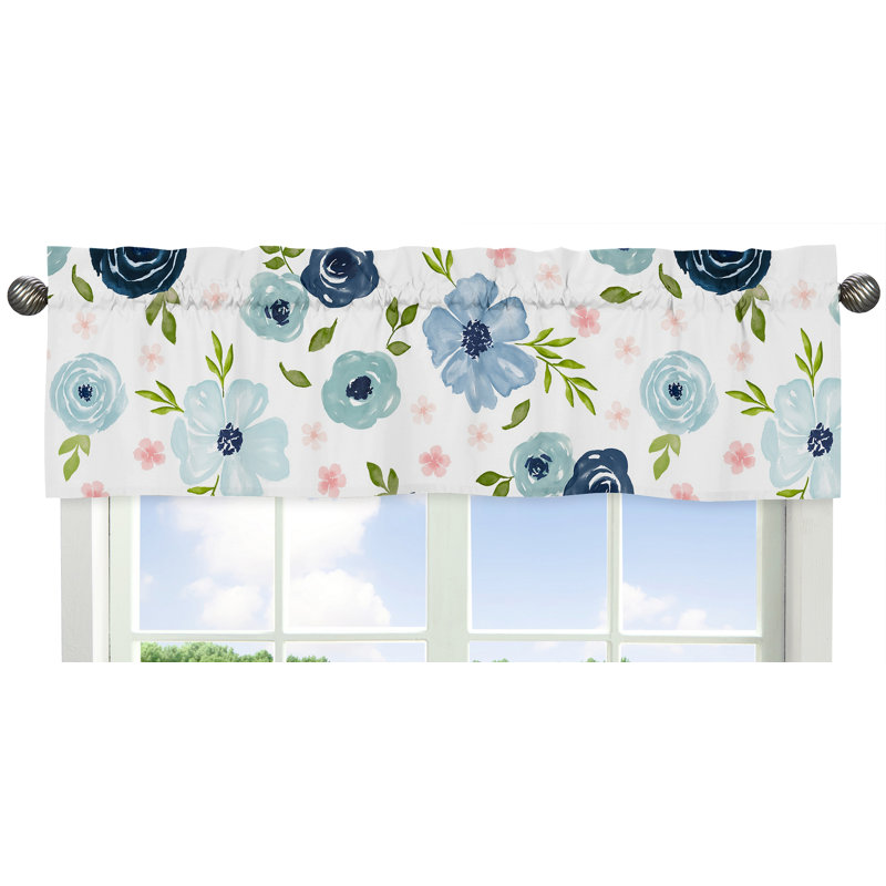 Blush Pink and Blue Watercolor Floral Rod Pocket Valance