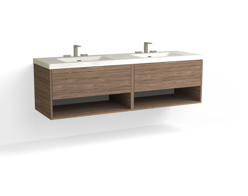 Modo 72" W Wall Mounted Double Bathroom Vanity, Glossy White/8" Widespread, Nocino, Satin Nickel