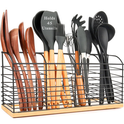 Large Capacity Utensil Holder For Kitchen, 4 Compartments, Non-Slip Bamboo Base, Rust-Resistant Steel, Modern Farmhouse Decor