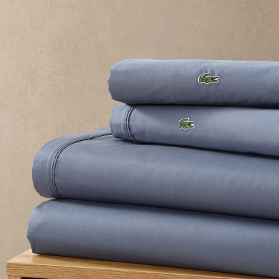 Lacoste Cotton Percale Sheet Set, Cooling & Breathable Bedding, Deep Pocket Fitted Sheet, Vintage Indigo, Full