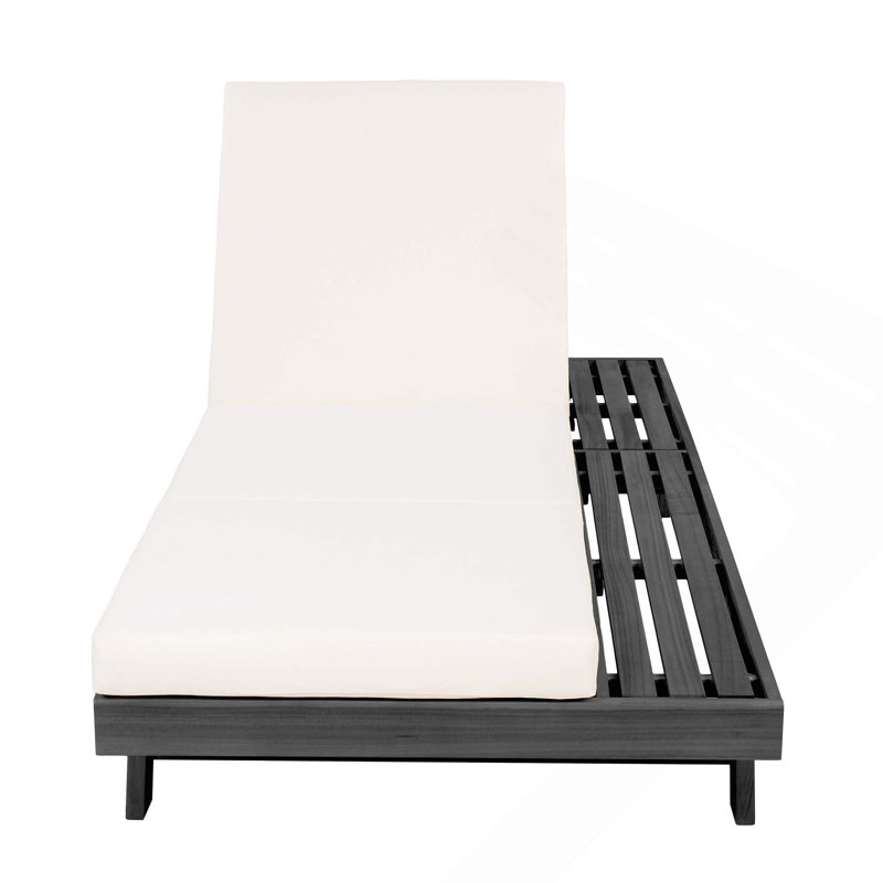 Acacia Wood Lounge Chaise Set With 4-Inch 3-Fold Water-Resistant Lounge Cushions, Space Available On One Side, Cream, Black