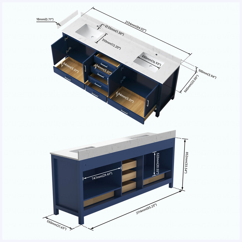 Meuble-lavabo autoportant moderne de 83 po avec lavabos doubles en céramique et grand lavabo double avec trous de robinet