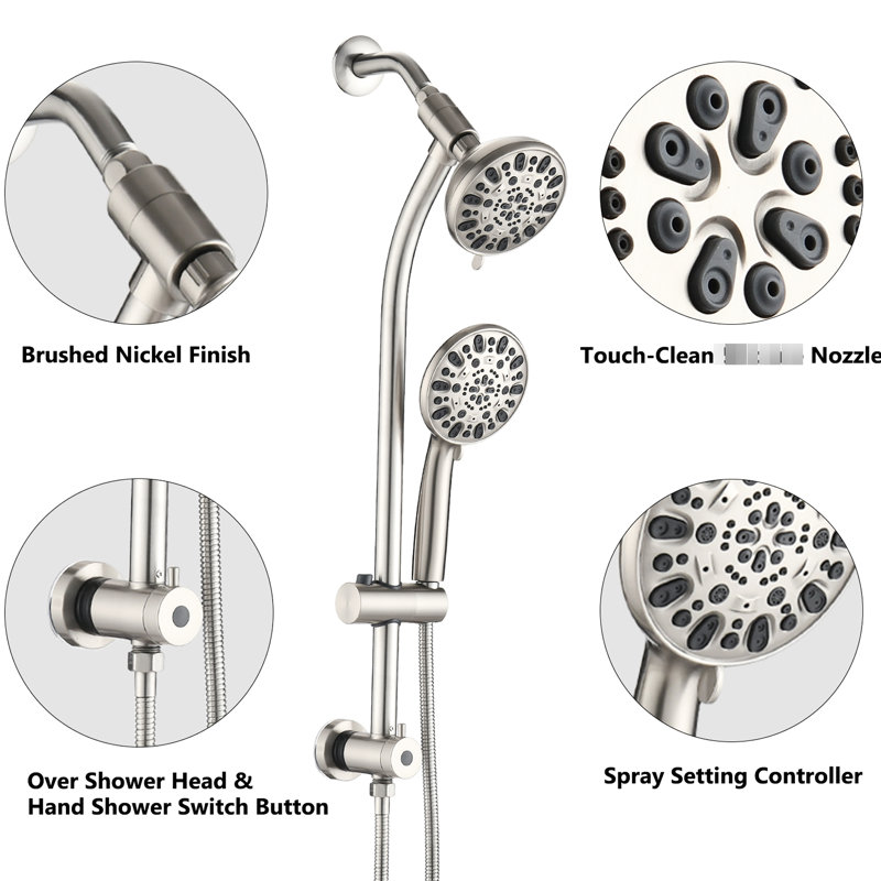 Pomme de douche double en nickel brossé avec perceuse - barre coulissante en acier inoxydable et gicleur de massage à 7 réglages 5 pouces