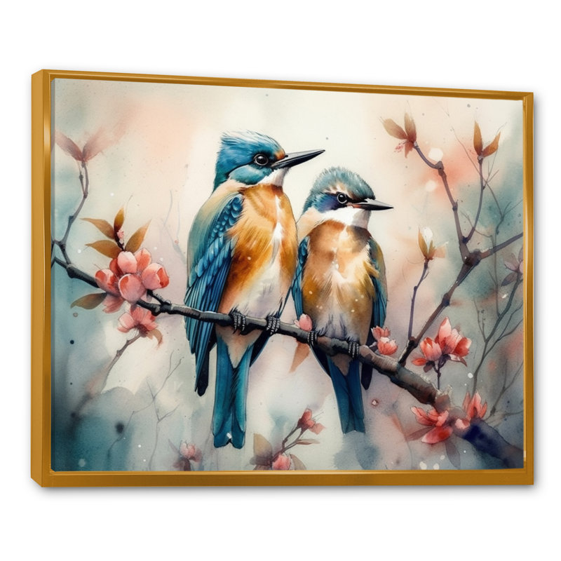 Oiseaux bleus assis sur une branche d'arbre IV - reproduction, H 12 po x l 20 po x P 1 po, Cadre flottant doré