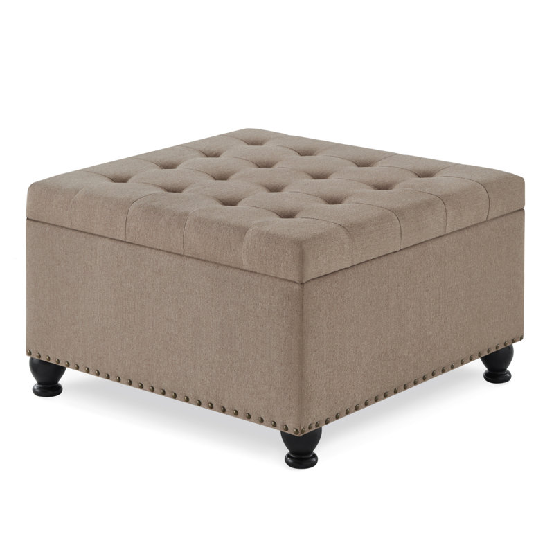 Grand repose-pieds de rangement carré avec pieds en bois, table basse capitonnée avec garniture cloutée pour l'espace de vie, lin